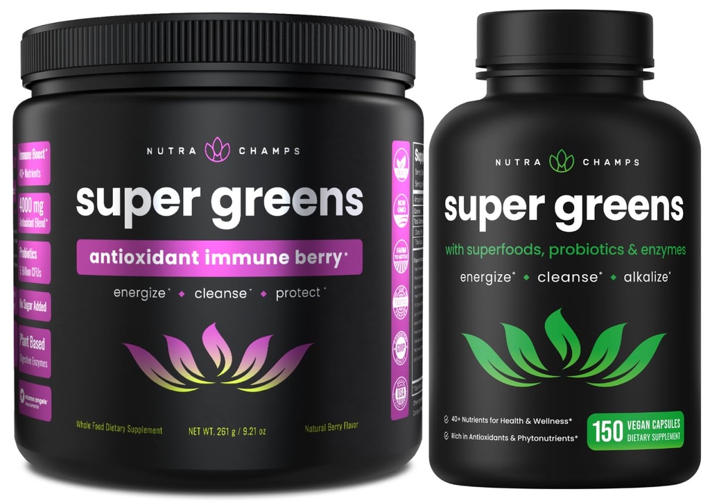NutraChamps Super Greens Antioxydant Poudre et Super Greens Capsules