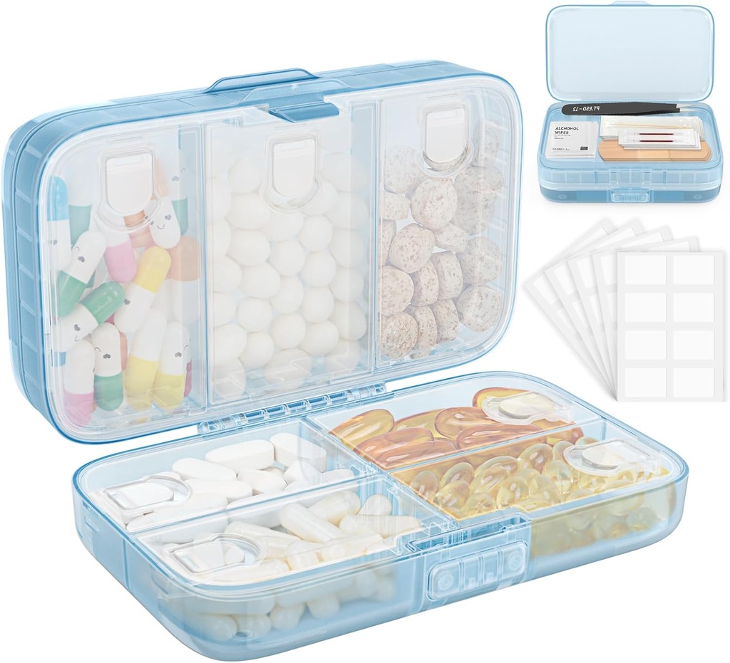 FYY Weekly Pill Organizer mit Labels,8 Compartments Travel Daily Pill Case Luftdichte Feuchtigkeitsdichte große Pille Box, um Vitamine, Fischöl, Nahrungsergänzungen, Cotton Swab und Bandages-blau zu halten