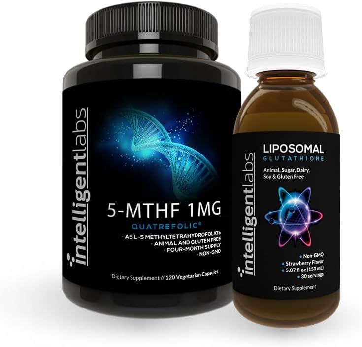 Intelligent Labs 2-in-1 Bundle von 500MG Liposomal Glutathion (Liquid Antioxidant Supplement) und 1MG 5-MTHF Methylfolat als Quatrefolic Acid® (MTHFR Supplement for Methylation Support)