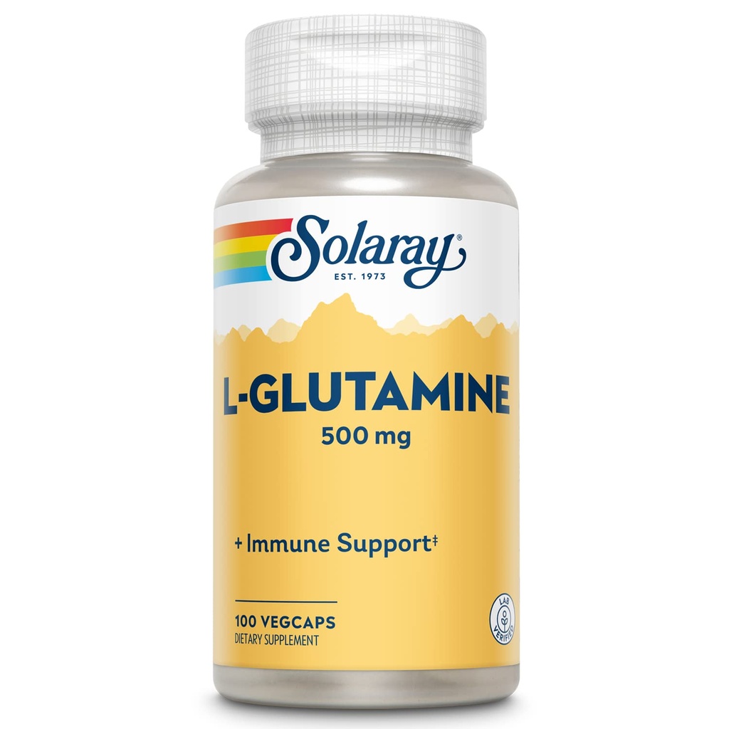 SOLARAY L Glutamine Kapseln 500 mg - Immununterstützungsergänzung - Kostenlose Aminosäure - Lab Verified, 60-Day Geld-Back Garantie - 100 Servierungen, 100 VegCaps