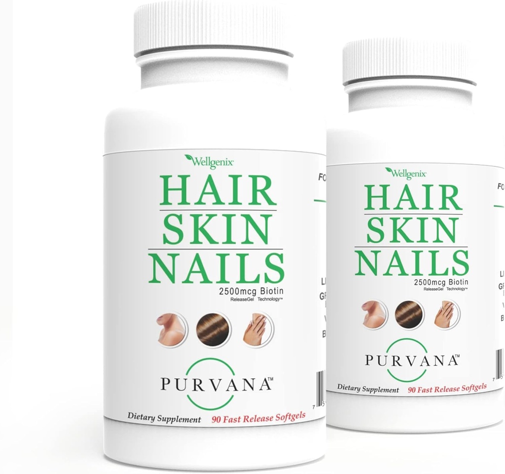 Wellgenix Purvana Cheveux, peau et ongles softgels vitaminiques pour une absorption élevée - Biotine double résistance 2500mcg, VIT A & B (90 Compte) 2 Pack