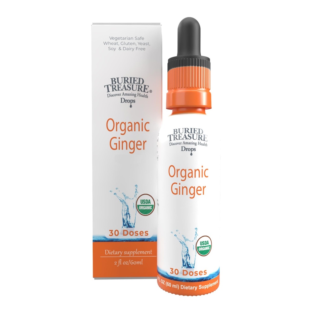 Treasure enseveli gouttes de gingembre - Fabriqué avec racine de gingembre biologique pour le soutien digestif, Des gouttes de set, Pas de sucre, Sans alcool, Utilisation polyvalente pour le thé gingembre ou la consommation directe, 30 portions