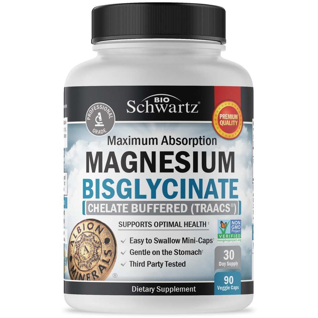 Magnesium Bisglycinat 100% Chelate No-Laxative Wirkung - Maximale Absorption & Bioverfügbarkeit, vollumfänglich umgesetzt & Buffered - Gesunde Energie Muskel Knochen & Gelenkunterstützung - Non-GMO-Projekt Verifiziert - 90 ct