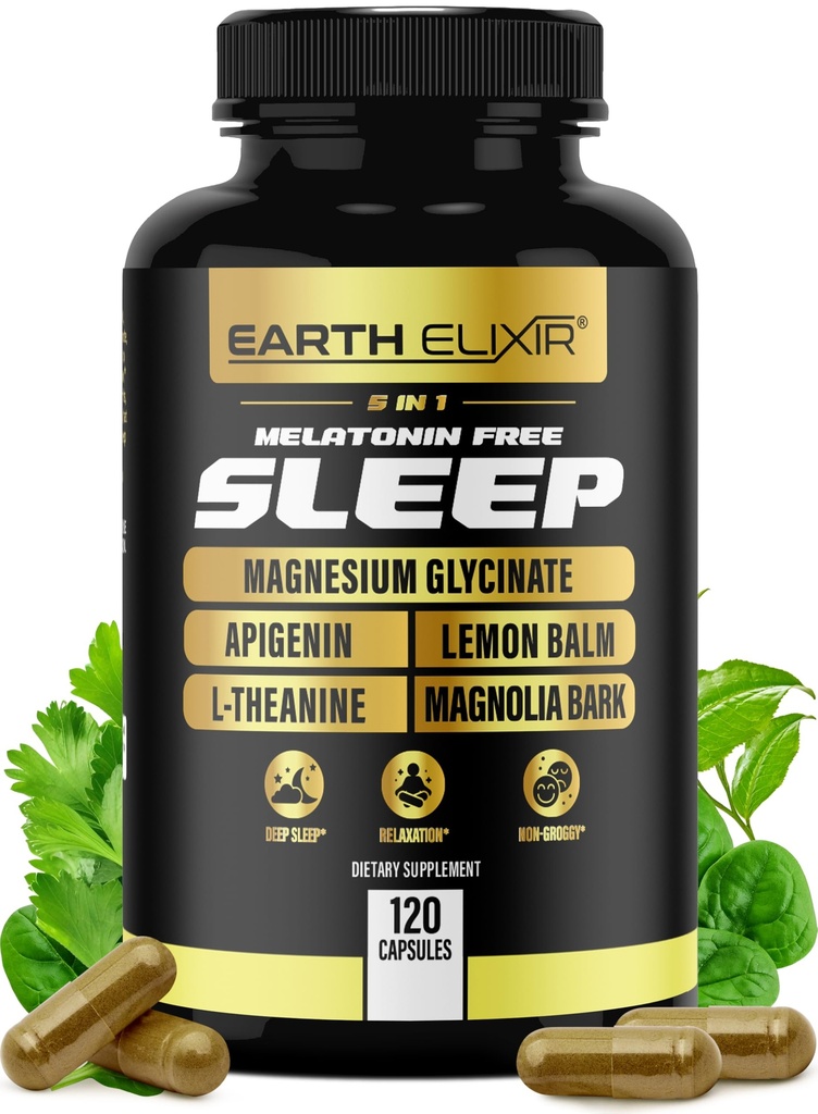 Earth Elixir 5-in-1 Melatonin Free Sleep Aid – Magnesium Glycinate, Apigenin Supplement for Sleep, L-Theanine, Lemon Balm Capsules, Magnolia Bark Extract Capsules – Sleep Supplement Without Melatonin