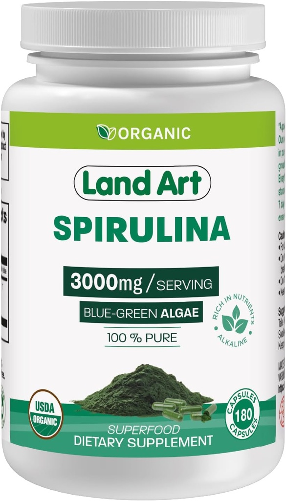 Land Art Certified Organic Spirulina - 180 Kapseln - Superfood- reich an Mineralien, Vitaminen und Proteinen - Vegan