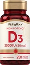 Piping Rock Vitamine D3 2000 UI , 250 Softgels , supplément de cholecalciférol , sans gluten