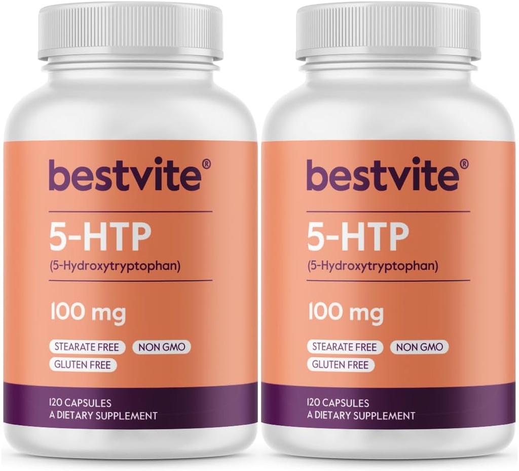 BESTVITE 5-HTP 100mg (240 capsules) (120 x 2) - Pas de stéarate - Pas d'agents de débit - Non OGM - Sans gluten