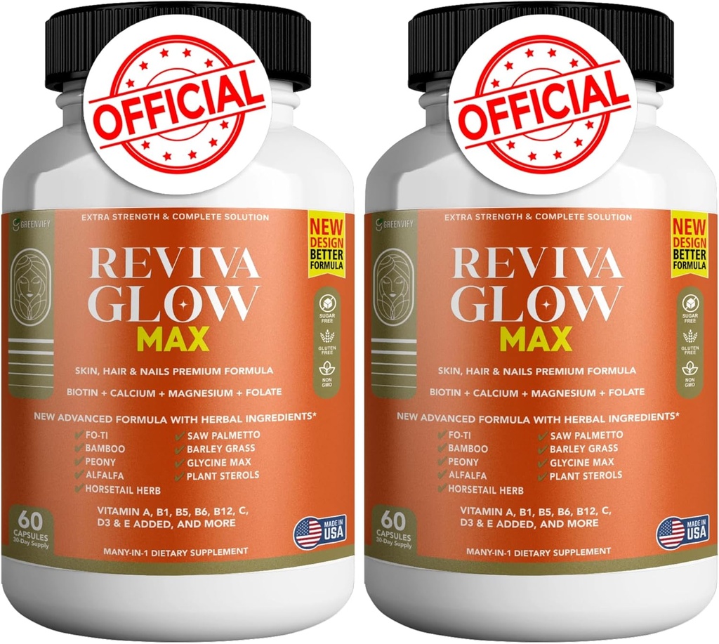 Reviva Glow Max - Hair, Skin & Nails Support Supplemento | Biotin, Calcium, Magnesium, Folate & Herbal Blend | Formula Premium | 120 Capsule, Vegan & Gluten-Free