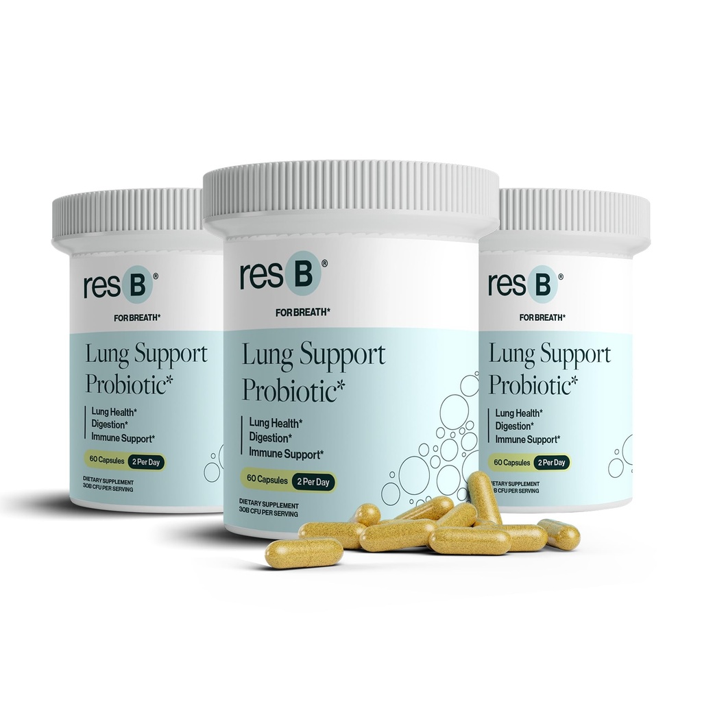 resbiotic resB Lung Support Probiotic Supplement - Lung Health Supplement für Raucher, Gut Health, Immununterstützung, Atemschutz, Heilige Basilikum, Kurkuma, Klinisch getestet - 180 Kapseln (3 Flaschen)
