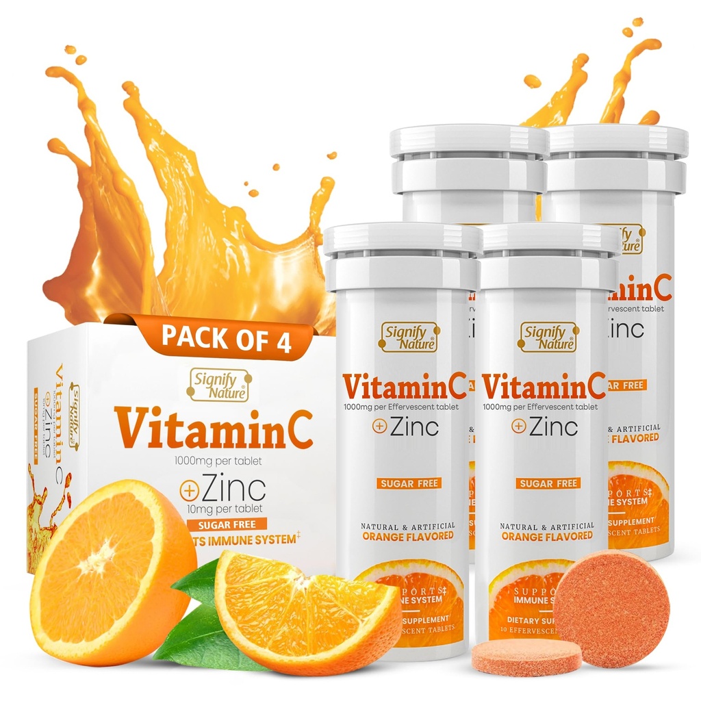 SIGNIFY NATURE Vitamin C 1000mg Effervescent Tabletten - Potent Immununterstützung VIT C mit Zinkergänzung - Zuckerfreie & Vegan Formel | Auflösbare Vitamin C Tabletten - Wasserlösliche Fizzy Elixir - 40CT