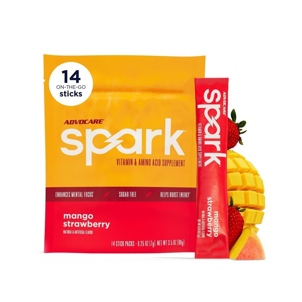 AdvoCare Spark - Energy Drink Mix - Vitamin & Amino Säure Supplement - Unterstützt Energie & Fokus* - Tragbare Immununterstützung* - Zuckerfrei - Mango Erdbeere, 14 Stick Packs (3,5 oz)