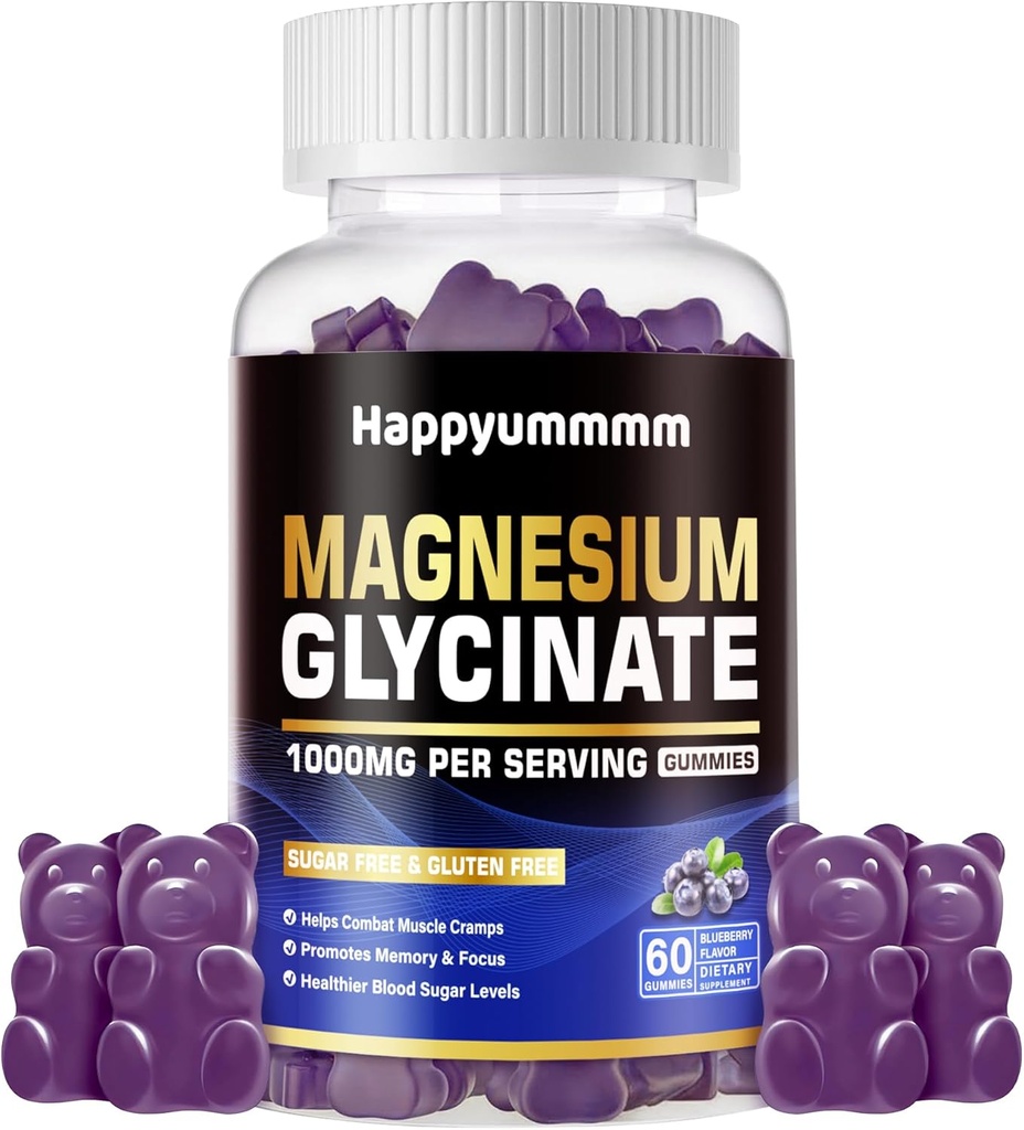 Magnesium Glycinate Gummies 1000mg - Zuckerfreie Magnesium Kalium-Ergänzung mit Vitamin D, B6, CoQ10 für ruhige Stimmung & Schlaf-Unterstützung - 60 Blueberry Gummies