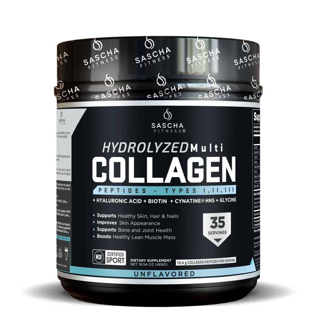 SASCHA FITNESS hydrolysierte Multi Collagen Peptide Tipps 1,2 & 3 |HyaluronsäuresBiotin |Cynatine HSN|Vitamin C & E |for Hairs, Haut & Knochen Support| Unflavored
