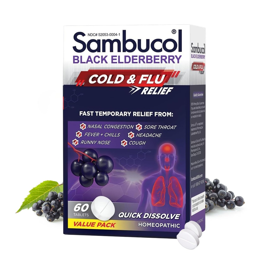 Sambucol Cold and Flu Relief Tablets - Homöopathic Cold Medicine, Cold Remedy for Adults, Black Elderberry for Colds, Zink Cold Remedy - 60 Count