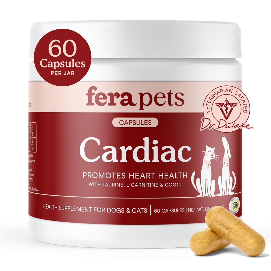 Fera Pets Cardiac Support - Cat & Dog Heart Supplement mit Taurine, L-Carnitin, & CoQ10 - Promotes Normale Zirkulation und Herzschlag - 60 Kapseln