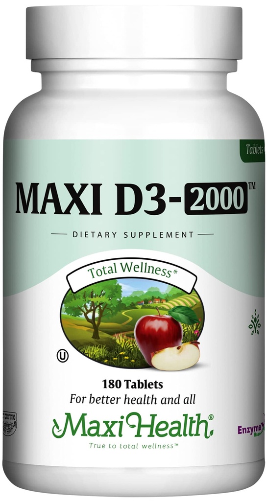 Maxi Health Kosher Vitamine D3 2000IU - Suppléments de vitamine D très absorbants pour une réponse immunitaire saine, Absorption de calcium, Santé des dents et des os - D3 Vitamine 2000 UI -180 comprimés