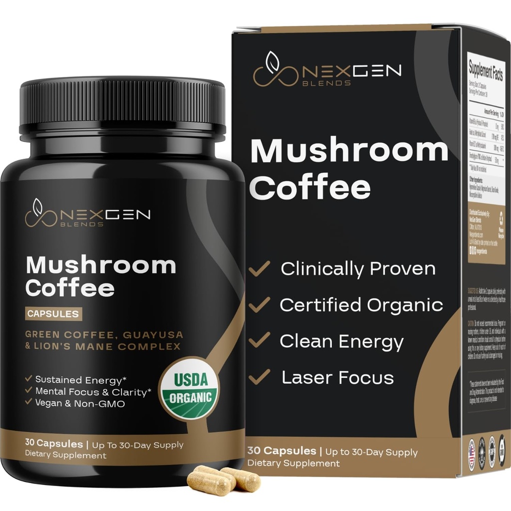 100% Bio Pilz Kaffee Kapseln - Natürliche Energie Ergänzung mit 130mg Koffein aus klinisch bewährten grünen Kaffeebohnen & Guayusa Extrakte für Jitter-freie Energie & Fokus (30 Servierungen)