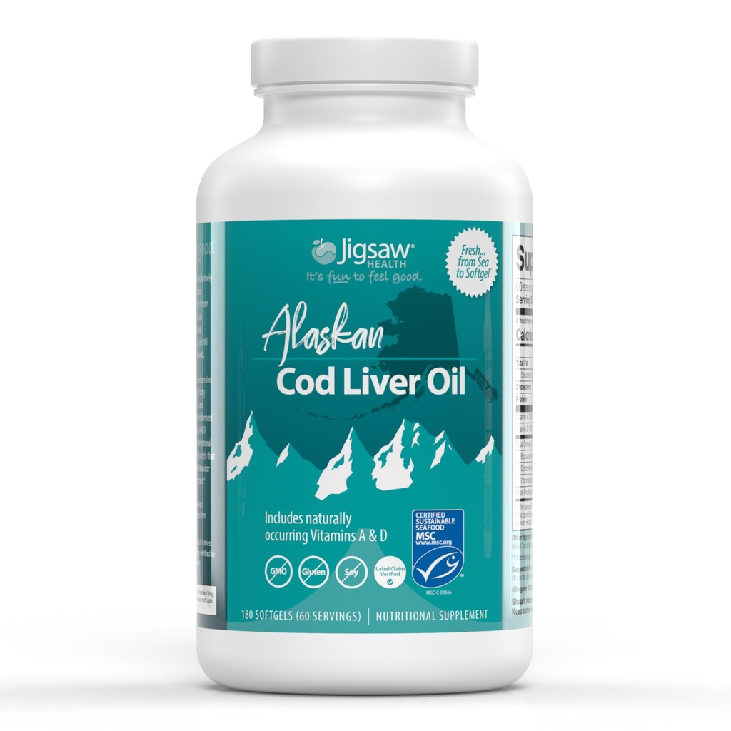 Jigsaw Health Alaskan Cod Leberöl | 900 mg Omega-3-Fettsäuren mit EPA, DHA und DPA | Enthält natürlich vorkommende Vitamine A & D | 180 Softgels | 60 Portionen