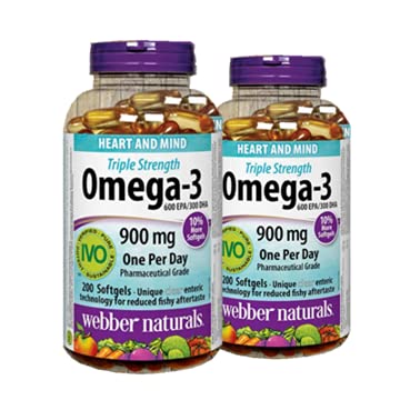 Webber Naturals Triple Strength Omega-3 900mg 200 softgels x 2(2 bouteilles)
