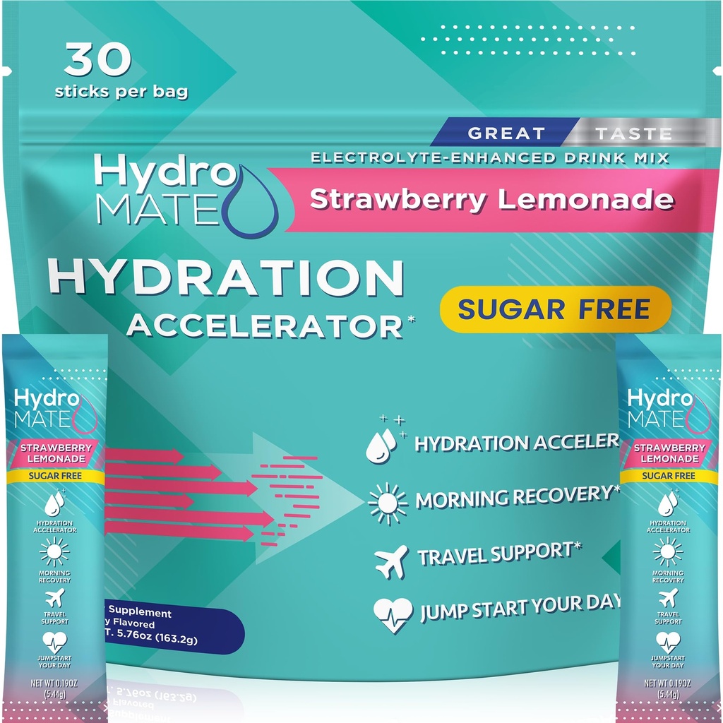 Poudre d'électrolyte Packs d'hydratation sans sucre Lémonade de fraise HydroMATE 30 bâtons