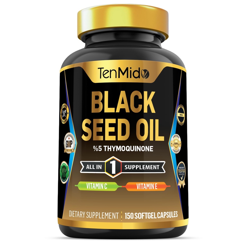 Integratore di capsule di olio di semi neri - Formula 4in1 - Combina con vitamina C, vitamina E - Salute digestiva, Supporto immunitario - Ricco in Nutriente - 150 capsule di softgel