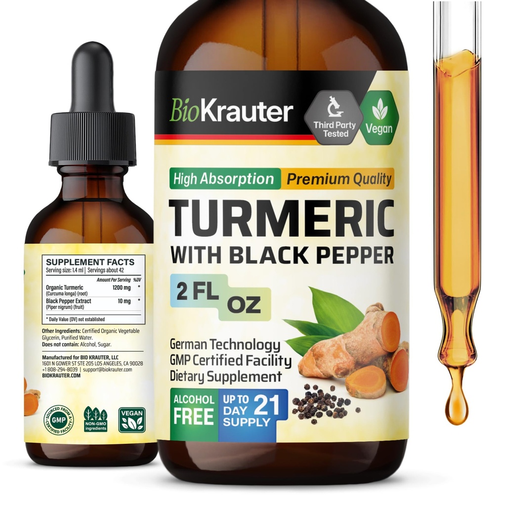 BIO KRAUTER Tintura di supplemento di curcuma erboristica - Curcumina di 1200 mg con estratto di pepe nero - Alcol e Zucchero Libero - Vegan Gocce 2 Fl.Oz.