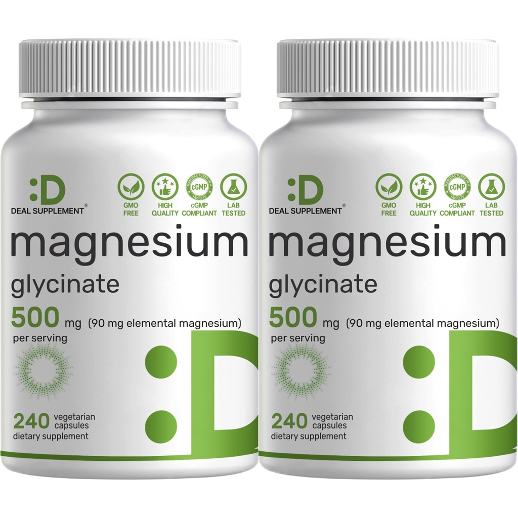 2 Pack Magnésium Glycinate 500mg, 480 Capsules de Véggie.100% Chélaté pour l'absorption facile.