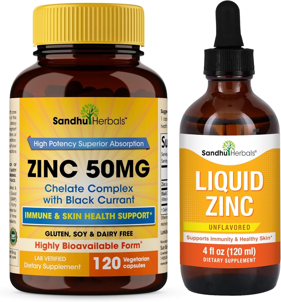 SANDHUHERBALS Zinc 50mg Capsules Bundle with Liquid Zinc Drops | Supports Immune & Skin Health