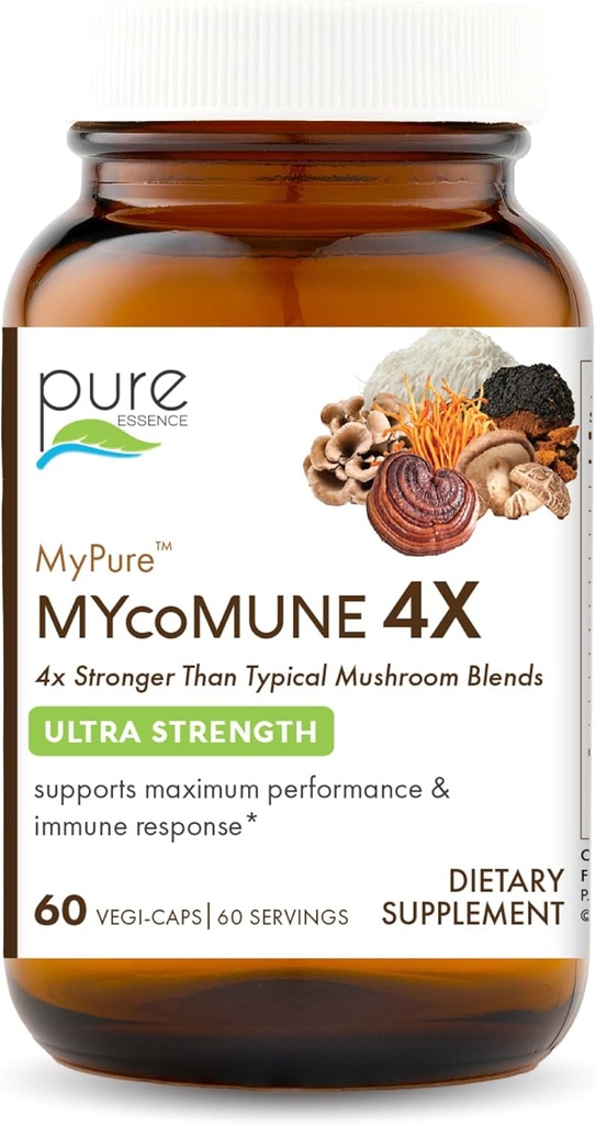 MYcoMune 4X Organic Mushroom Supplement - Reishi, Lion's Mane, Cordyceps, Chaga, Shiitake, Maitake for Immune System, Combat Stress, Build Energy by Pure Essence - 60 Caps