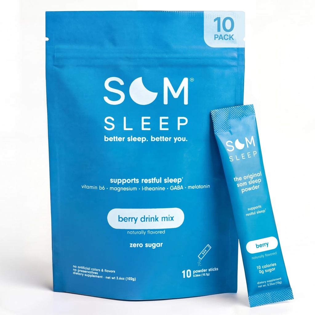 Som Sleep, Calm Sleep Powder Drink Mix, 3mg Melatonina, Magnesio, Vitamina B6, L-teanina & GABA – Vegan, Zero Sugar, Keto Friendly – Berry, 10-Pack