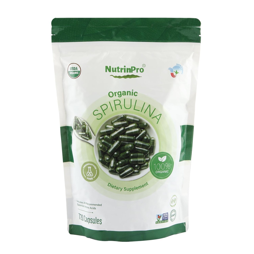 NUTRINPRO USDA Organic Spirulina Kapseln - 100% reine vegane Ergänzung, nicht-GVO, glutenfrei, chemikalienfrei, (720)