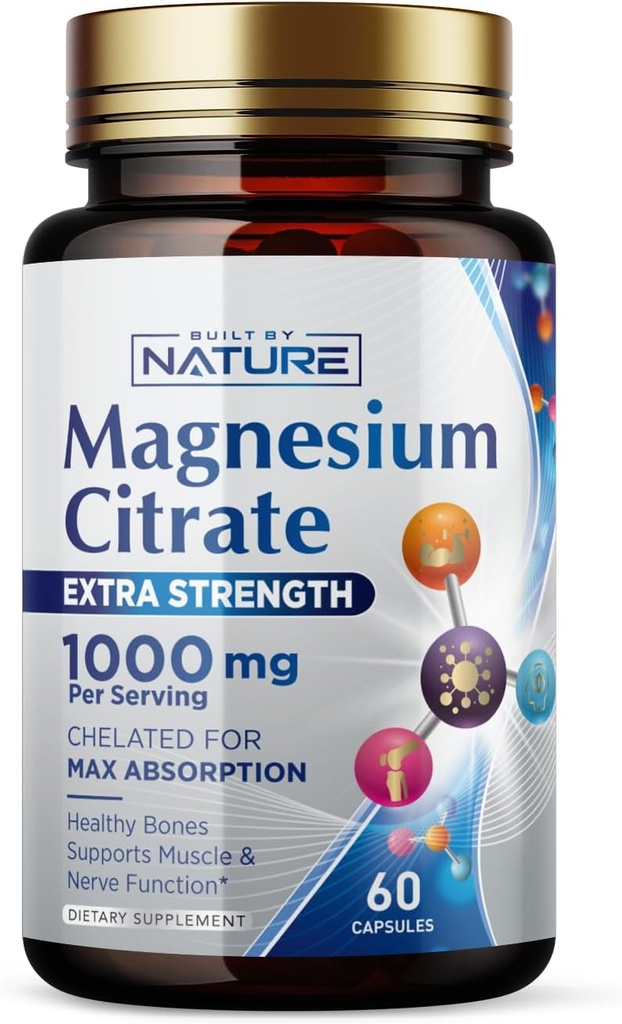 Citrate de magnésium 1000mg - Supplément complexe de magnésium Max Absorption et haute puissance pour le coeur, le muscle, le nerf, la santé osseuse et le stress - Non-OGM, sans gluten - 60 Capsules Vegan