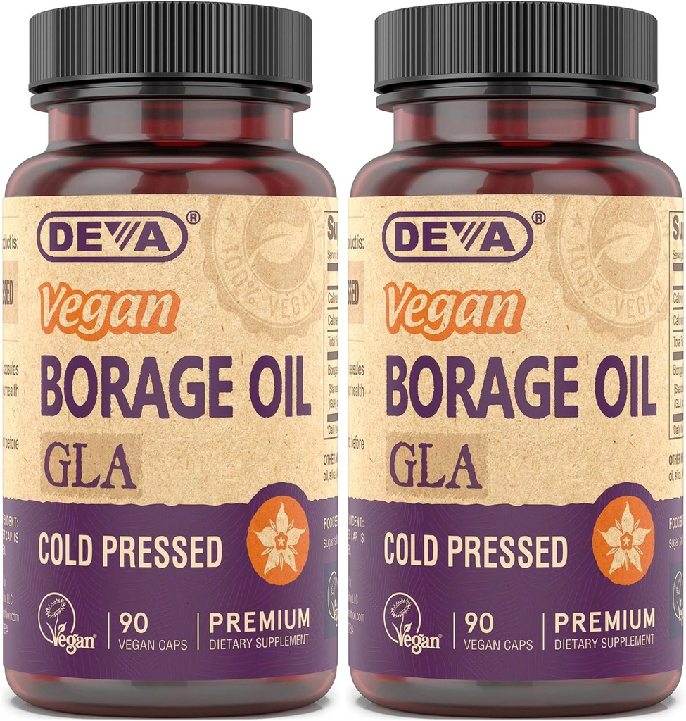 DEVA Vegan Vitamine, Borage Öl 500mg, Quelle von Omega-6 Fettsäuren GLA (Gamma Linolensäure), Kalt-Pressed & Unrefined, 90 Tabletten (Pack von 2)