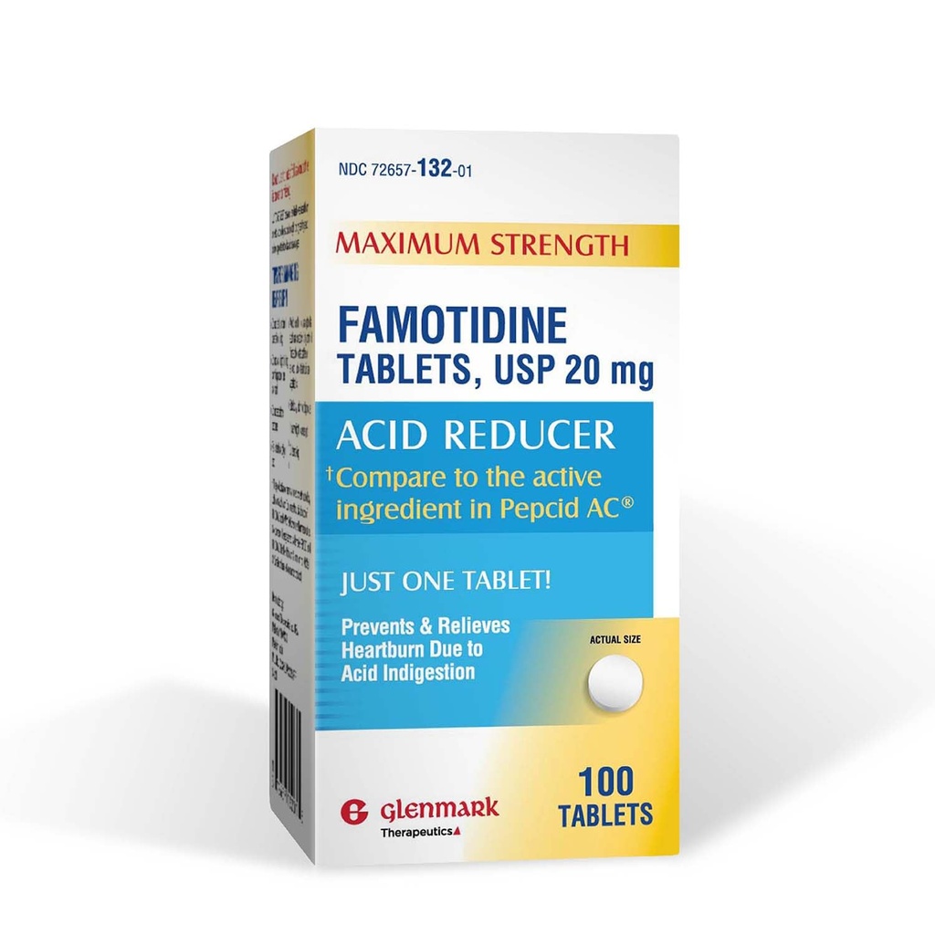 Glenmark Maximum Strength Famotidin Tabletten, 20 mg, Säure Reducer für Sodbrennen Relief, 100 Zähler