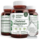 Natürliche Nutra Chelat Magnesiumoxid 250 mg - Hohe Absorption für starke Knochen, Herzgesundheit, Zahngesundheit, Energie-Boost, Glutenfrei, Non-GMO, 180 Tabletten in BPA-freie recycelbare Glasflaschen