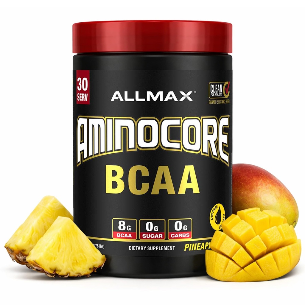 ALLMAX Nutrition AMINOCORE BCAA Poudre, 8.18 Grams d'acides aminés, boisson de récupération intra et post-entraînement, sans gluten, mangue aux ananas, 315 g