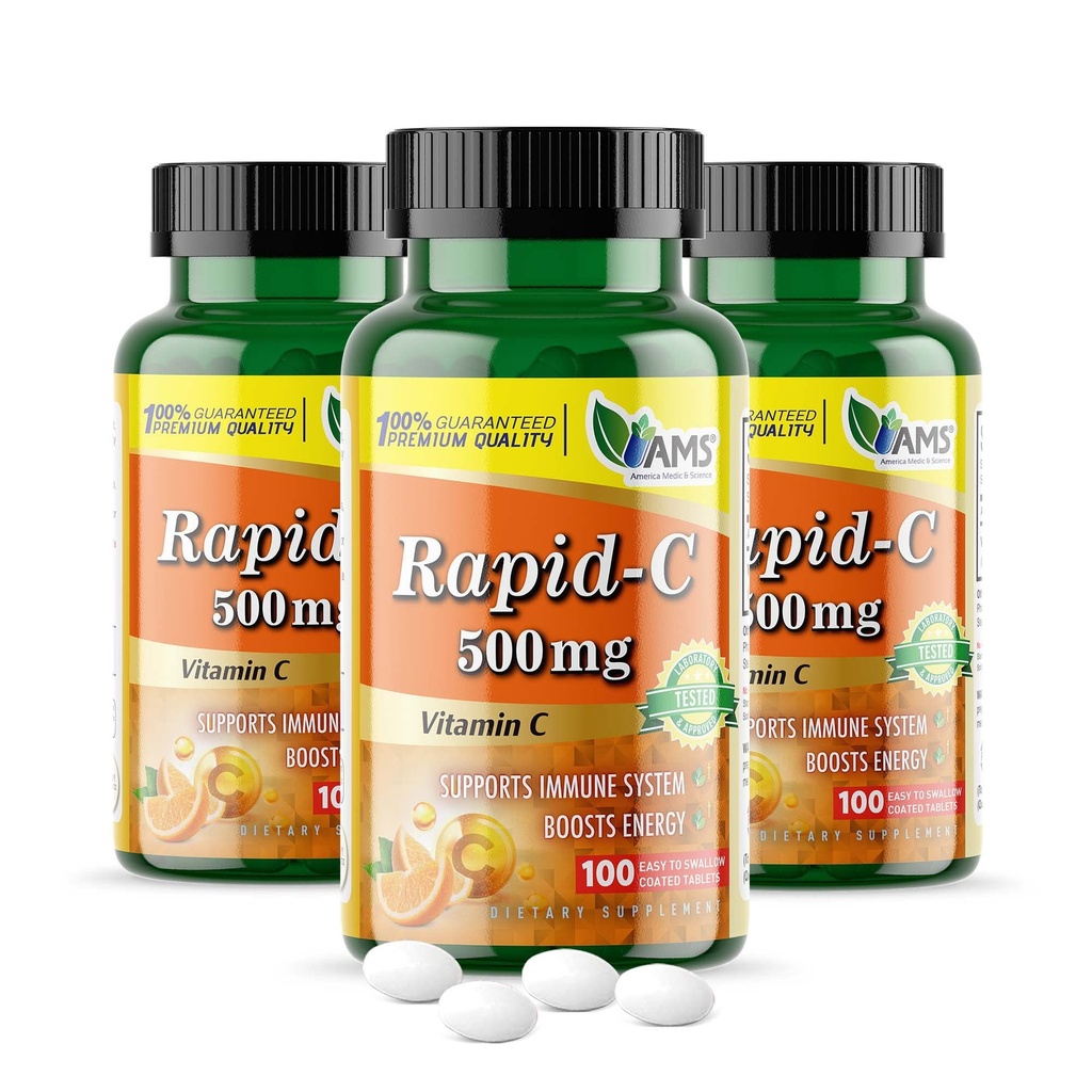 America Medic & Science Rapid-C 500mg supplément de vitamine C (3 Pack de 100 comprimés) Booster d'énergie, soutien quotidien du système immunitaire, antioxydant.