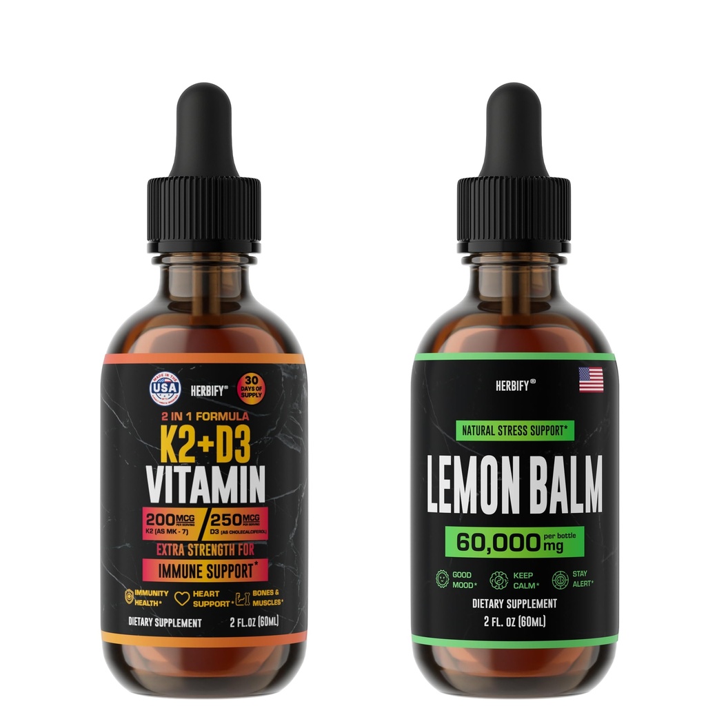 HERBIFY Bundle - K2 und D3 Tropfen & Lemon Balm Tincture - Knochenstärke & Mood Boost