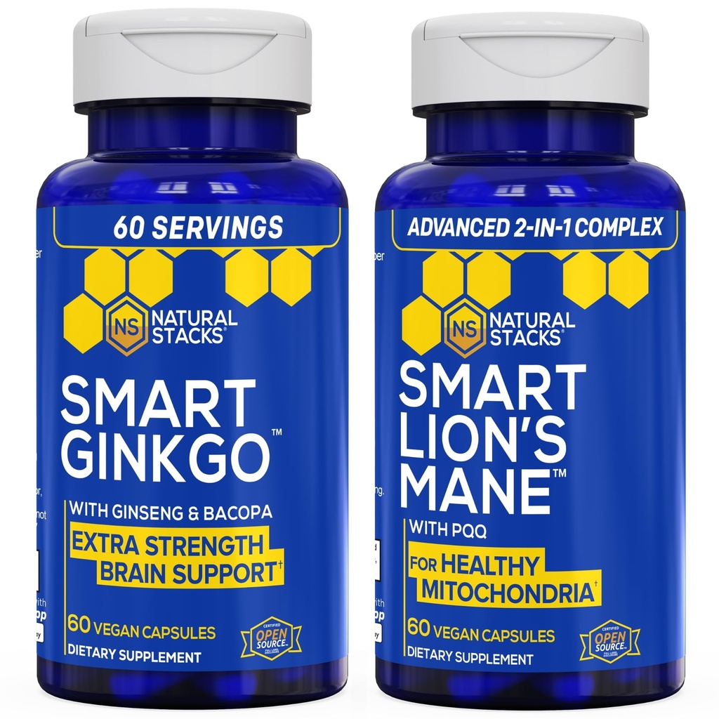 NATURAL STACKS Ginkgo Biloba + Lions Mane Mushroom Bundle - Focus & Memory Support* - 120 Capsule