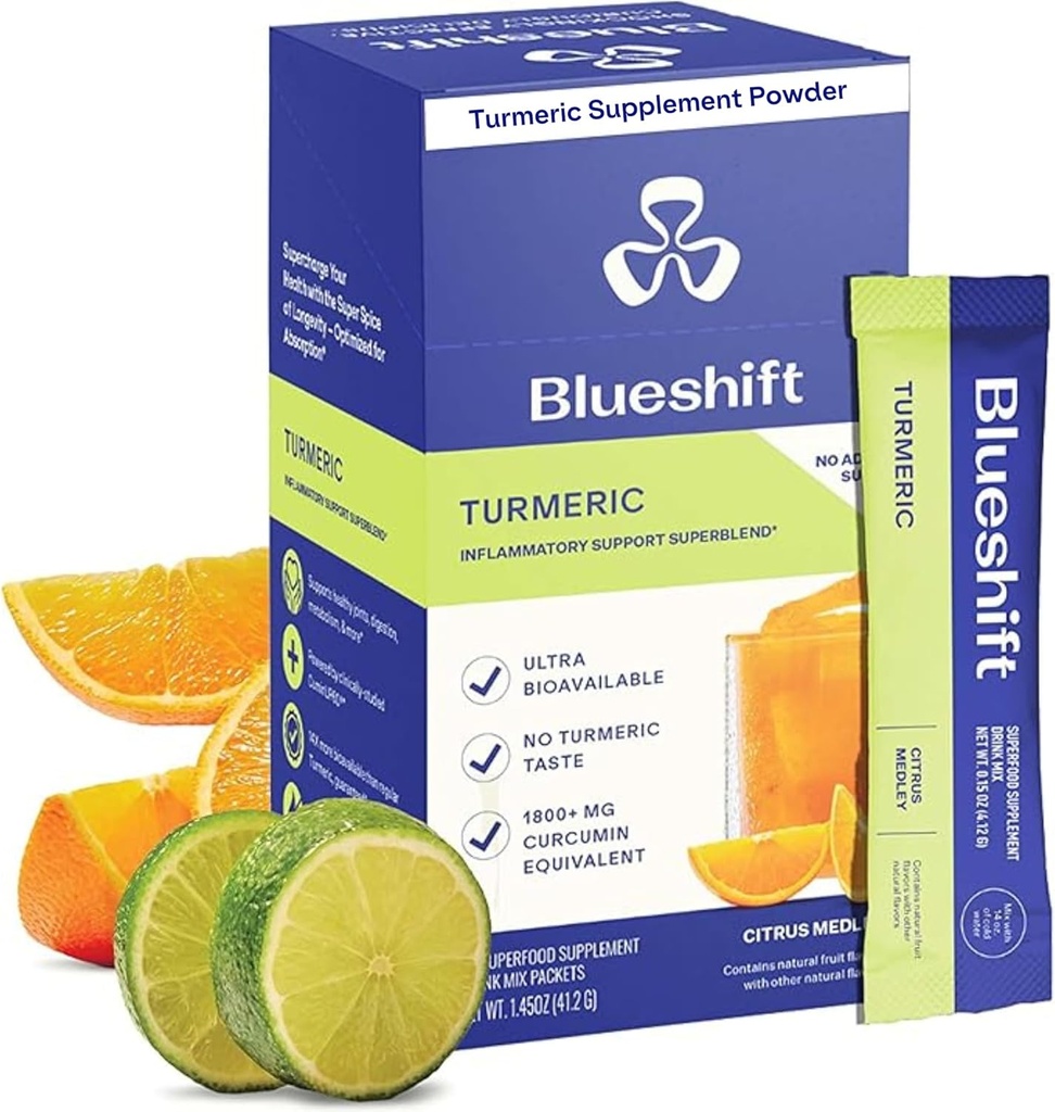 Blueshift Citrus Turmeric Medley - Pacchetti di polvere curcuma per l'acqua, supplemento curcuma curcuma curcuma, nessun mix di bevanda di zucchero per il supporto naturale di recupero - Citrus Flavor, bastoncini di polvere (10 pacchetto)