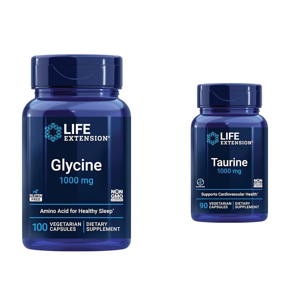 Glycine 1000 mg, promuove il rilassamento, sonno sano e taurina, supplemento di aminoacidi taurina puro, cuore, fegato e salute del cervello