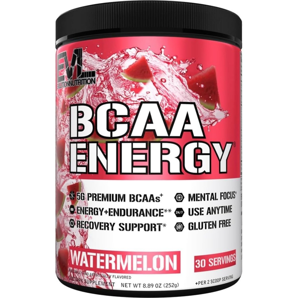 EVL BCAAs Aminosäuren Pulver - BCAA Energy Pre Workout Pulver für Muskel-Recovery Lean Wachstum und Ausdauer - Rehydrating Post Workout Recovery Drink mit natürlichem Koffein - Wassermelone