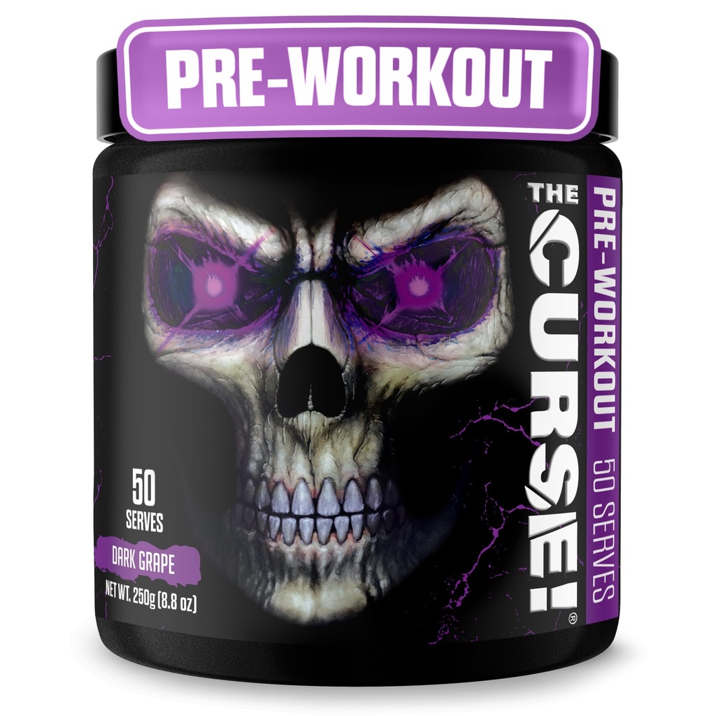 JNX SPORTS La Malédiction ! Poudre de préparation pour hommes et femmes, caféine, bêta-alanine, créatine, L-Citrulline, 50 portions, saveur de raisin foncé – Boost Energy, Strength & Focus