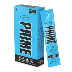 PRIME HYDRATION+ Sticks Blue Raspberry | Polvere di idratazione Singola Serve Sticks | Polvere di elettrolita sul Go | 250mg BCAA, B Vitamine, Antiossidanti | Basso zucchero | Caffeina-Free | Vegan | 6 Sticks