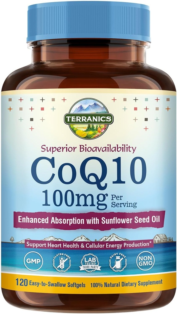 Terranics CoQ10 100mg, 120 Softgels, Absorption mit extra nativem Olivenöl, Herzgesundheit & Energieproduktion