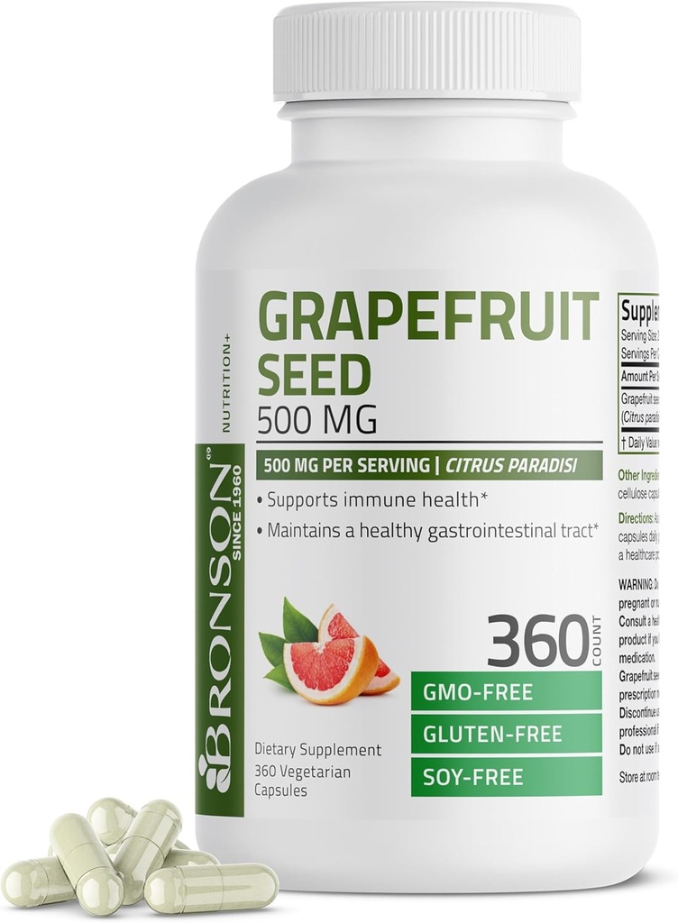 Bronson Grapefruit Seed Extract 500 MG per Serving Citrus Paradisi Supporta la salute immunitaria e aiuta a mantenere un sano tratto Gastrointestinale - Non OGM, 360 capsule vegetariane