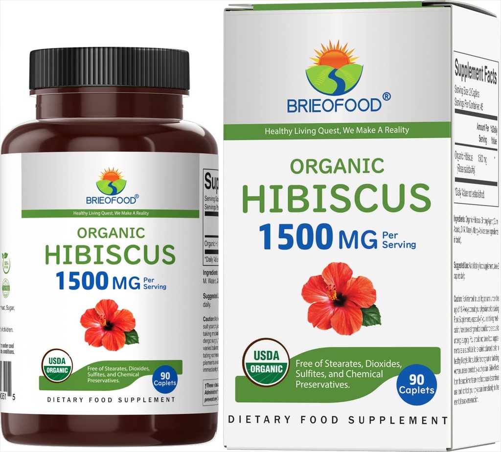 Brieofood Organic Hibiscus 1500mg, 45 Serve, Vegetariano, Senza Glutine, 90 compresse vegetariane