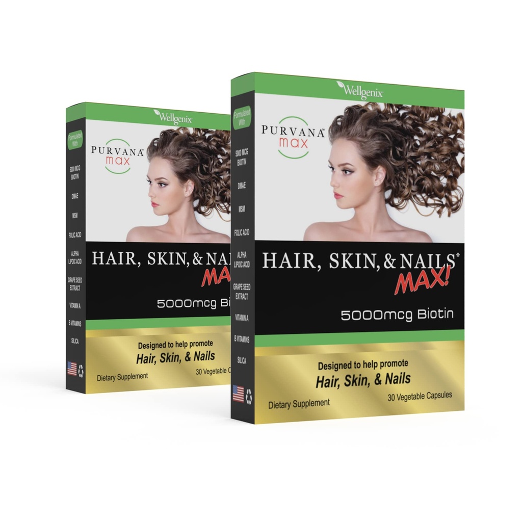Purvana Max Hair, Skin e Nails Vitamin - 5000mcg Biotin, Acido Folico, DMAE, Estratto di semi di Uva - Un giorno Vegan Hair, Skin, Supporto per Unghie - Promuove la produzione di collagene - 30 Caps (Pack of 2)