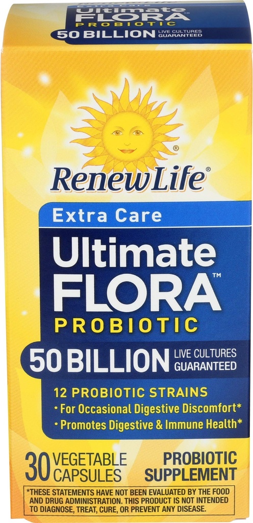 Rinnovare la vita Extra Care Digestive Probiotic Capsule, 50 miliardi di CFU Garantito, Supplemento giornaliero Supporta Immune, Digestivo, Salute Respiratoria(1), L. Rhamnosus GG, Latticini, Soia e Senza Glutine, 30 Conte
