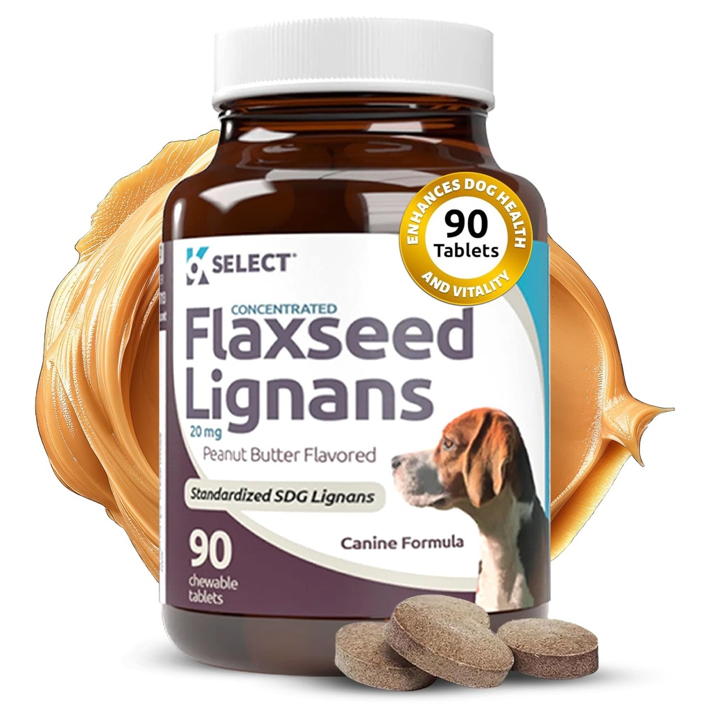 K9 Sélectionner Lignans de graines de lin concentrés pour chiens, 20mg 90 Comprimés, Aromatisé au beurre d'arachide, Imprimé Coat